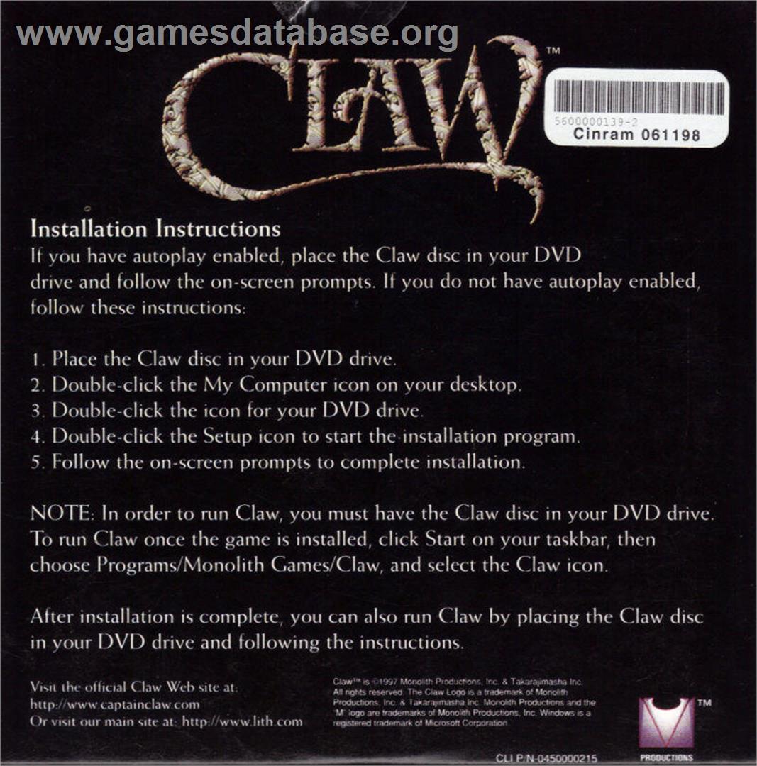 Claw - Microsoft Windows - Artwork - Box Back