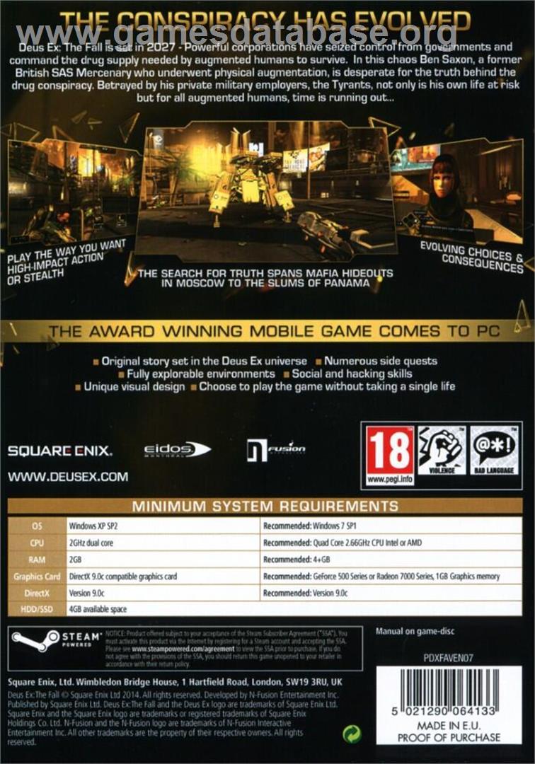 Deus Ex - The Fall - Microsoft Windows - Artwork - Box Back