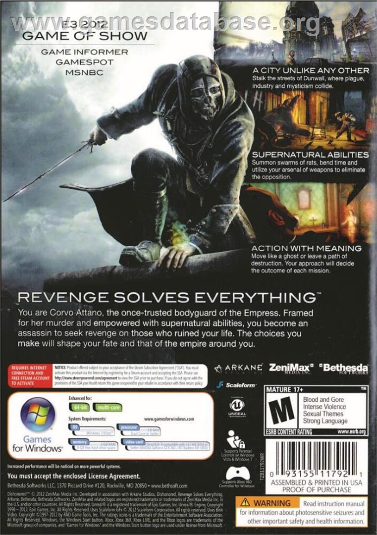 Dishonored - Microsoft Windows - Artwork - Box Back