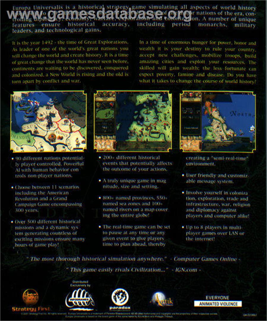 Europa Universalis - Microsoft Windows - Artwork - Box Back