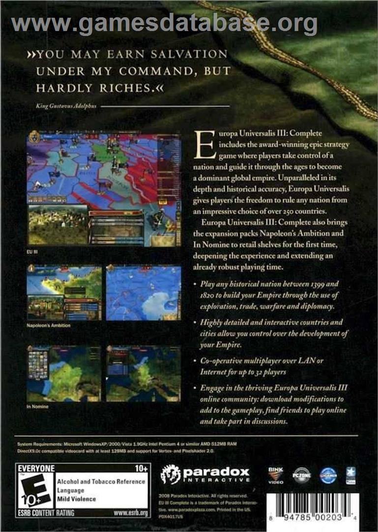 Europa Universalis 3 - Complete - Microsoft Windows - Artwork - Box Back