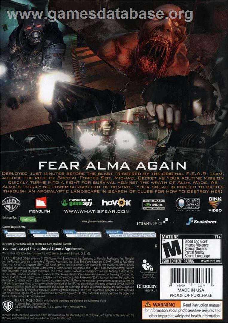 F.E.A.R. 2 - Project Origin - Microsoft Windows - Artwork - Box Back