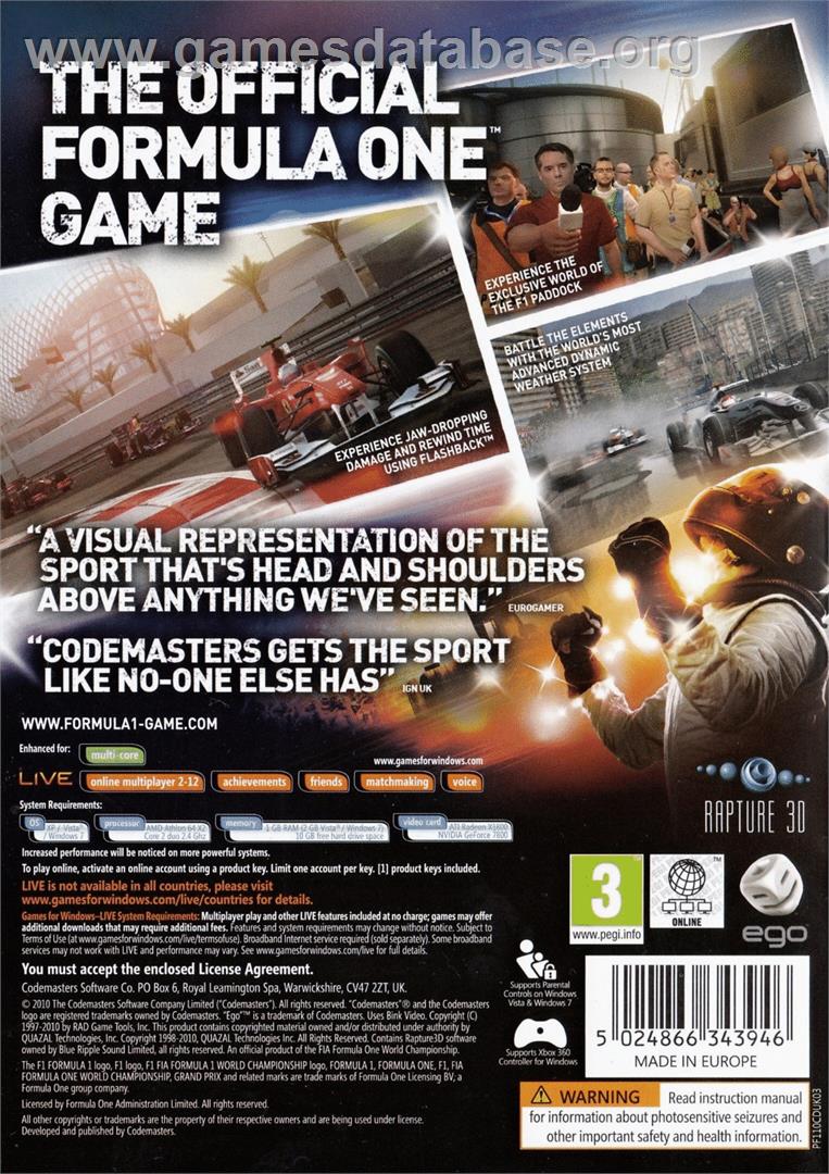 F1 2010 - Microsoft Windows - Artwork - Box Back