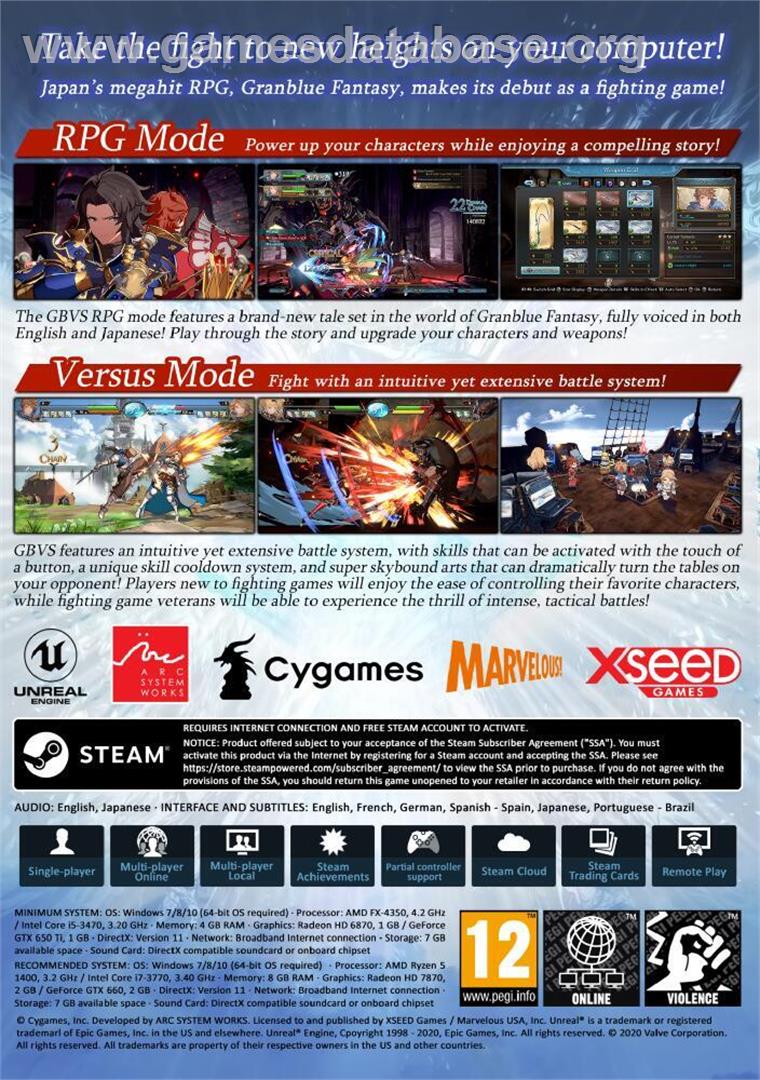 Granblue Fantasy - Versus - Microsoft Windows - Artwork - Box Back