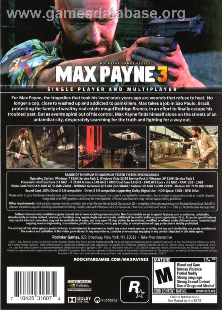 Max Payne 3 - Microsoft Windows - Artwork - Box Back