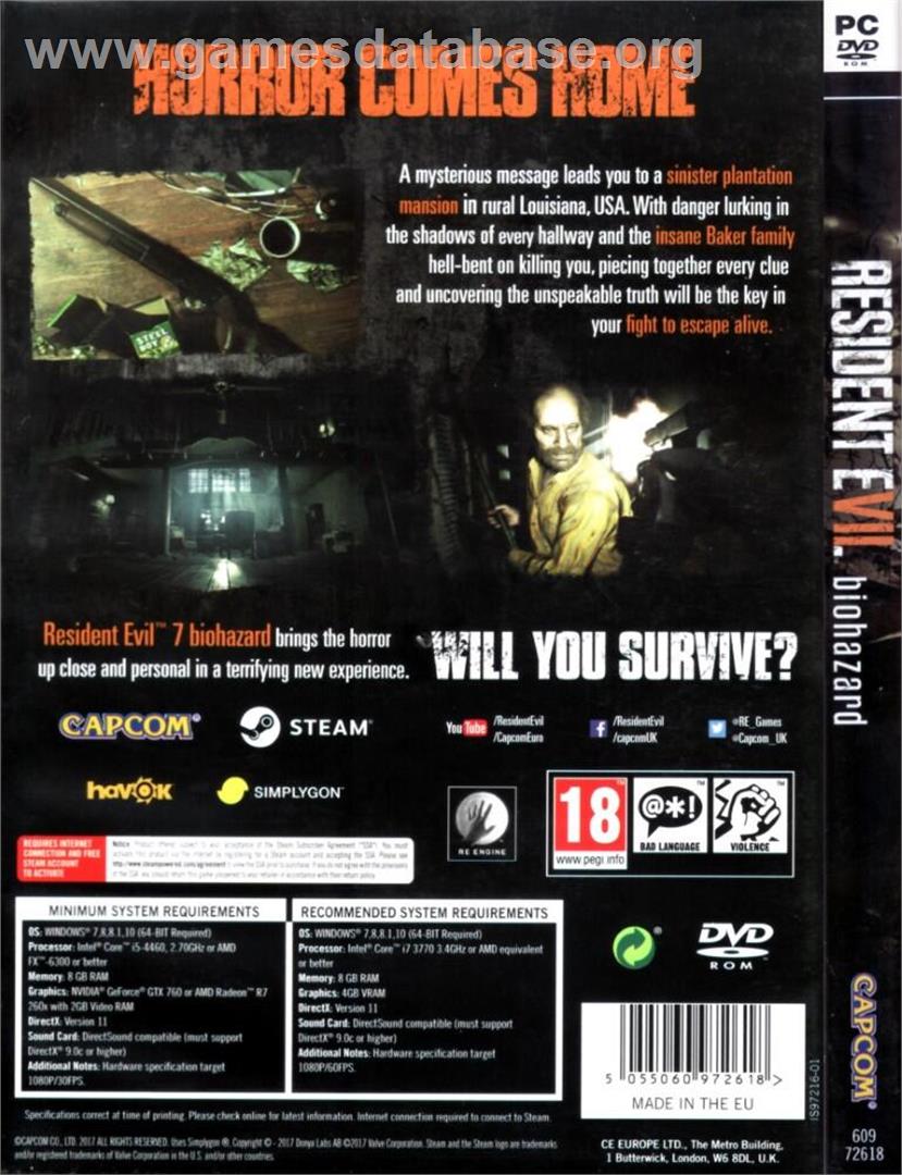 Resident Evil 7 - Biohazard (Deluxe Edition) - Microsoft Windows - Artwork - Box Back