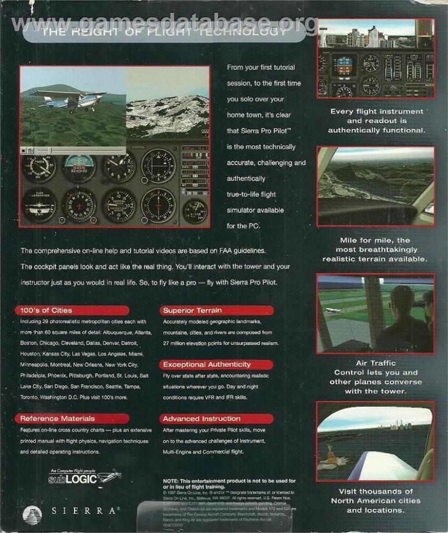 Sierra Pro Pilot 98 - The Complete Flight Simulator - Microsoft Windows - Artwork - Box Back