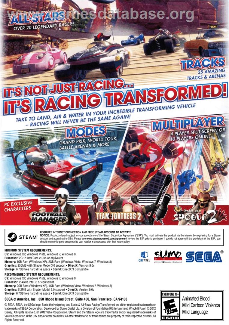 Sonic & All-Stars Racing Transformed - Microsoft Windows - Artwork - Box Back