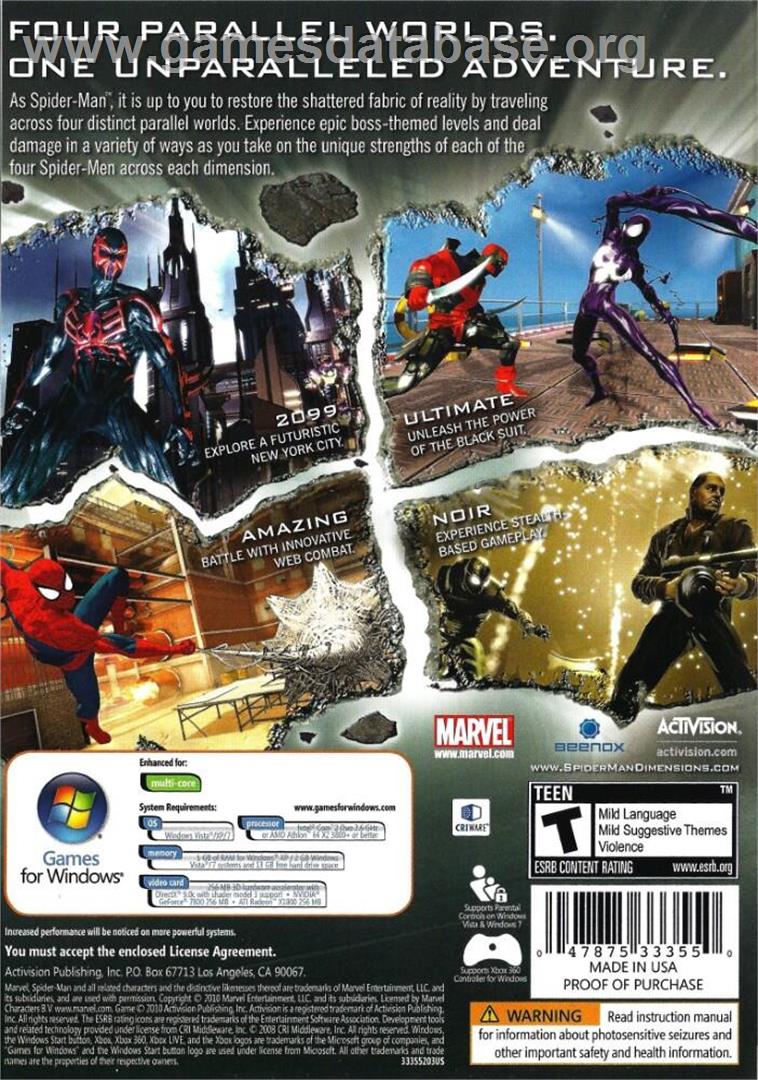 Spider-Man - Shattered Dimensions - Microsoft Windows - Artwork - Box Back