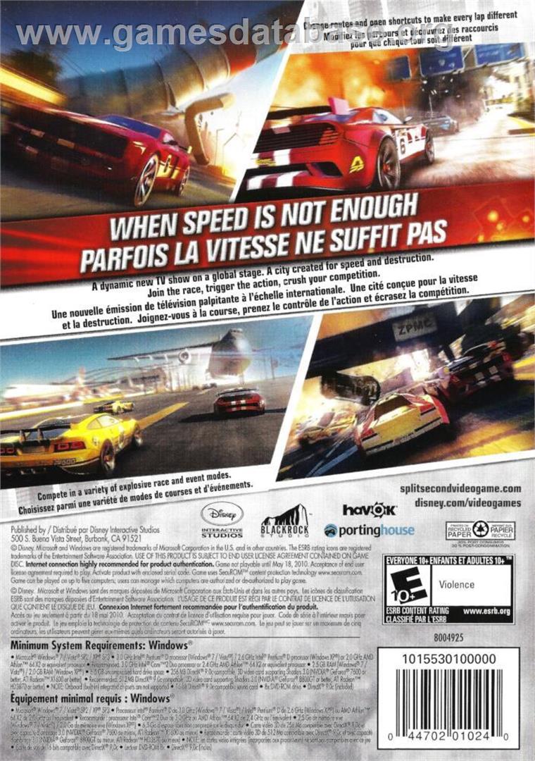 Split/Second - Microsoft Windows - Artwork - Box Back