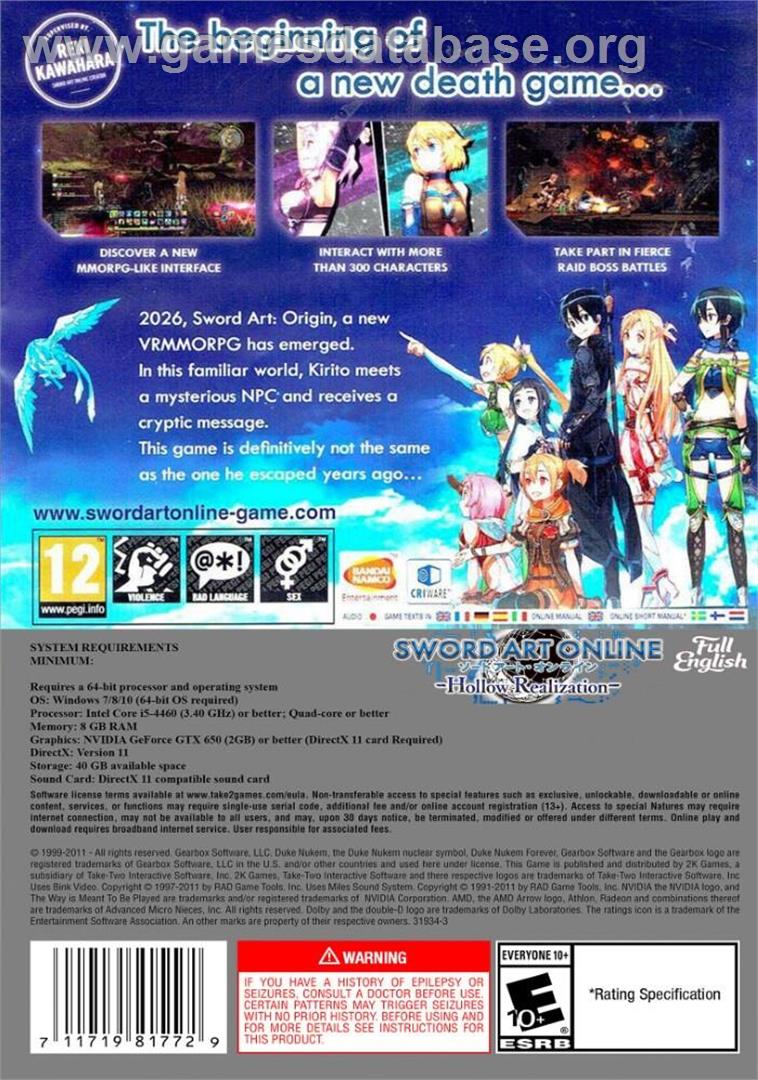 Sword Art Online - Hollow Realization - Microsoft Windows - Artwork - Box Back