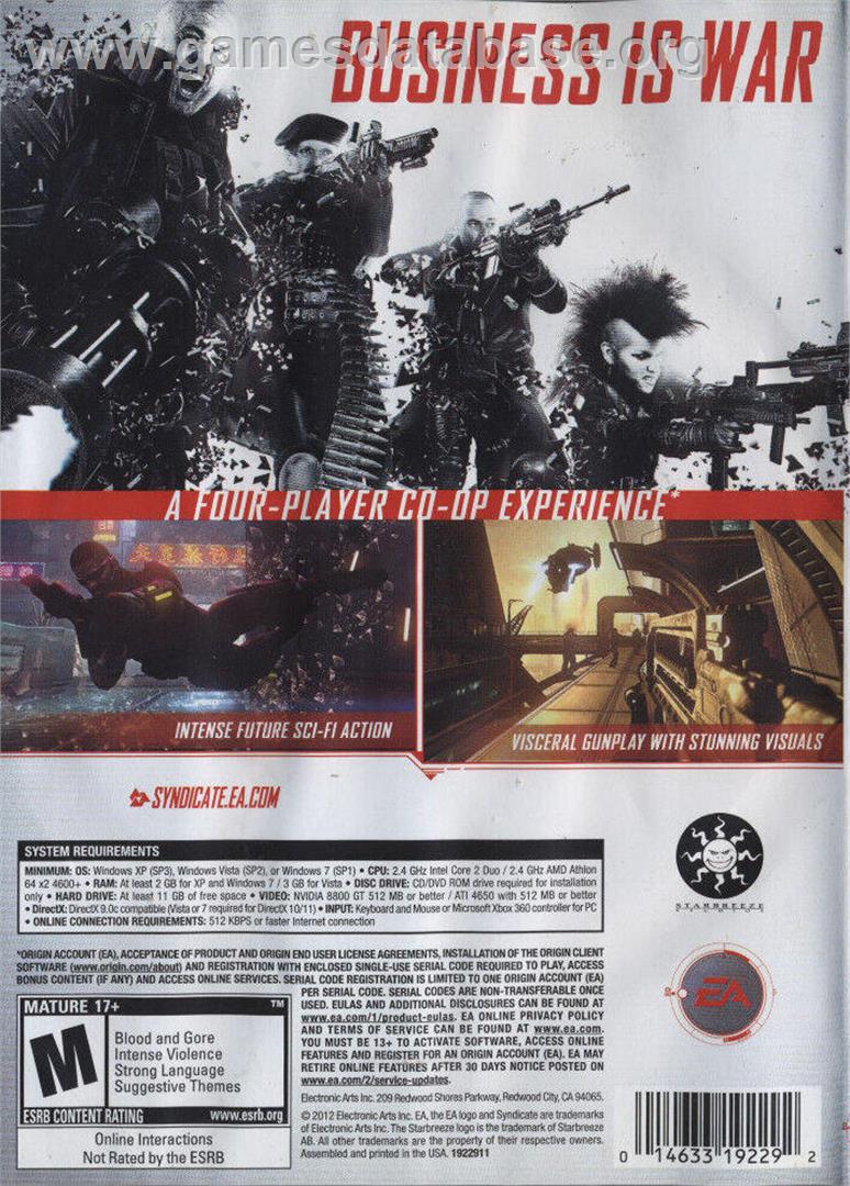 Syndicate (2012) - Microsoft Windows - Artwork - Box Back