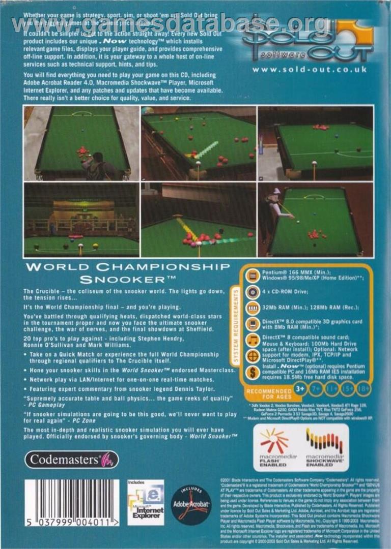 World Championship Snooker - Microsoft Windows - Artwork - Box Back