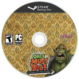 Cartridge artwork for Orcs Must Die! on the Microsoft Windows.