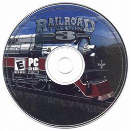 Cartridge artwork for Railroad Tycoon 3 on the Microsoft Windows.
