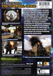 Box back cover for Classified: The Sentinel Crisis on the Microsoft Xbox.