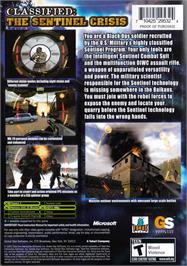 Box back cover for Classified - The Sentinel Crisis on the Microsoft Xbox.