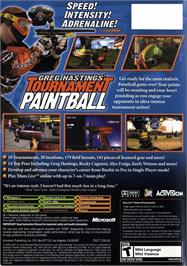 Box back cover for Greg Hasting's Tournament Paintball on the Microsoft Xbox.
