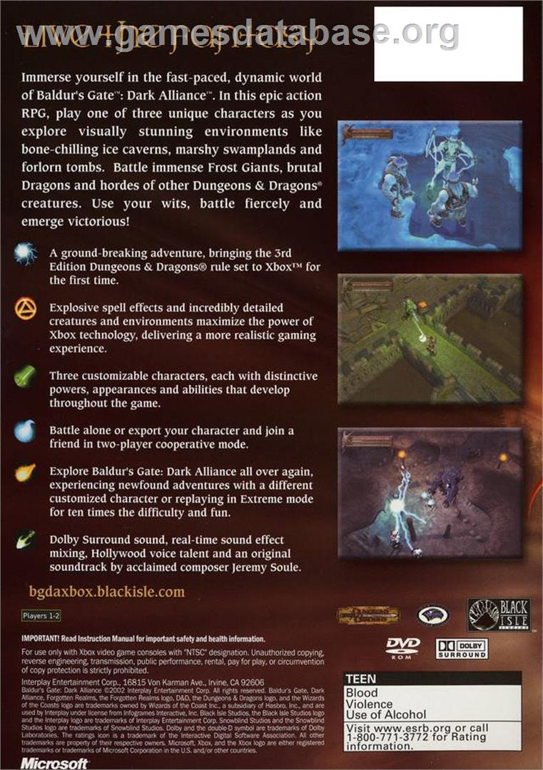 Baldur's Gate: Dark Alliance - Microsoft Xbox - Artwork - Box Back