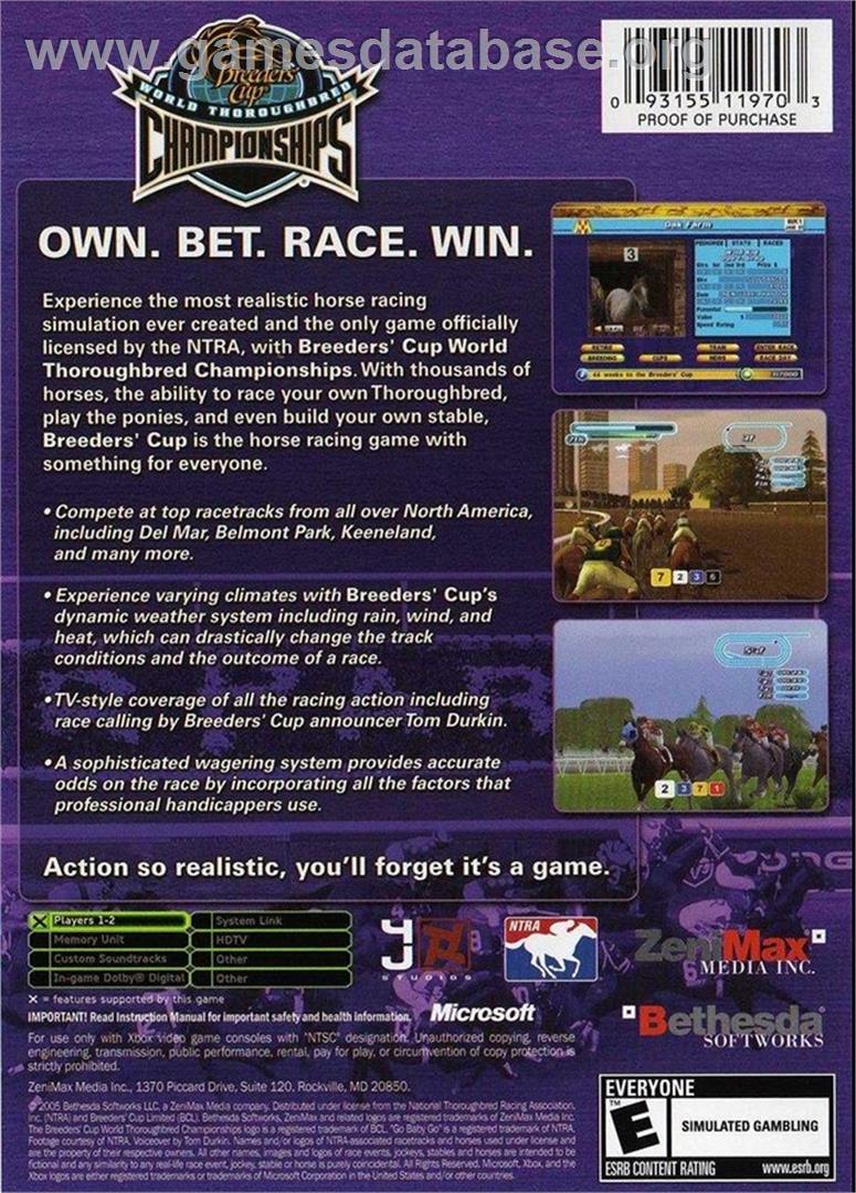 Breeders' Cup - World Thoroughbred Championships - Microsoft Xbox - Artwork - Box Back