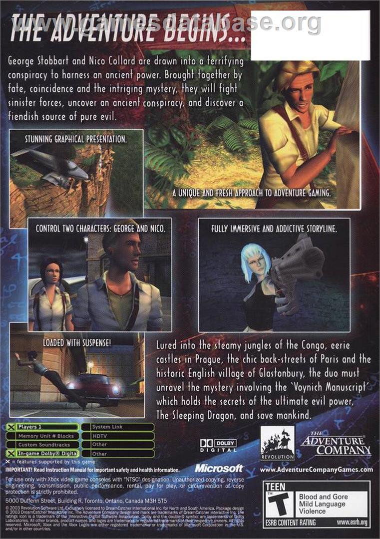 Broken Sword: The Sleeping Dragon - Microsoft Xbox - Artwork - Box Back