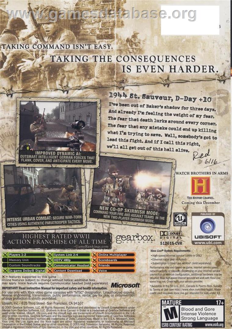 Brothers in Arms: Earned in Blood - Microsoft Xbox - Artwork - Box Back