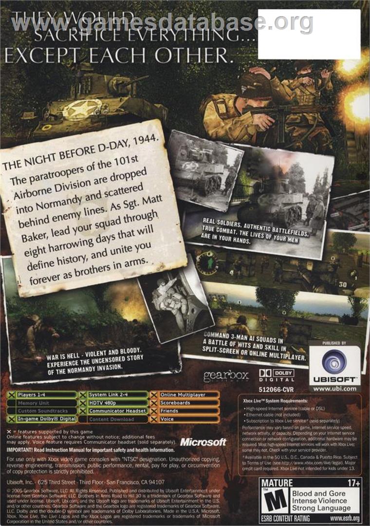 Brothers in Arms: Road to Hill 30 - Microsoft Xbox - Artwork - Box Back