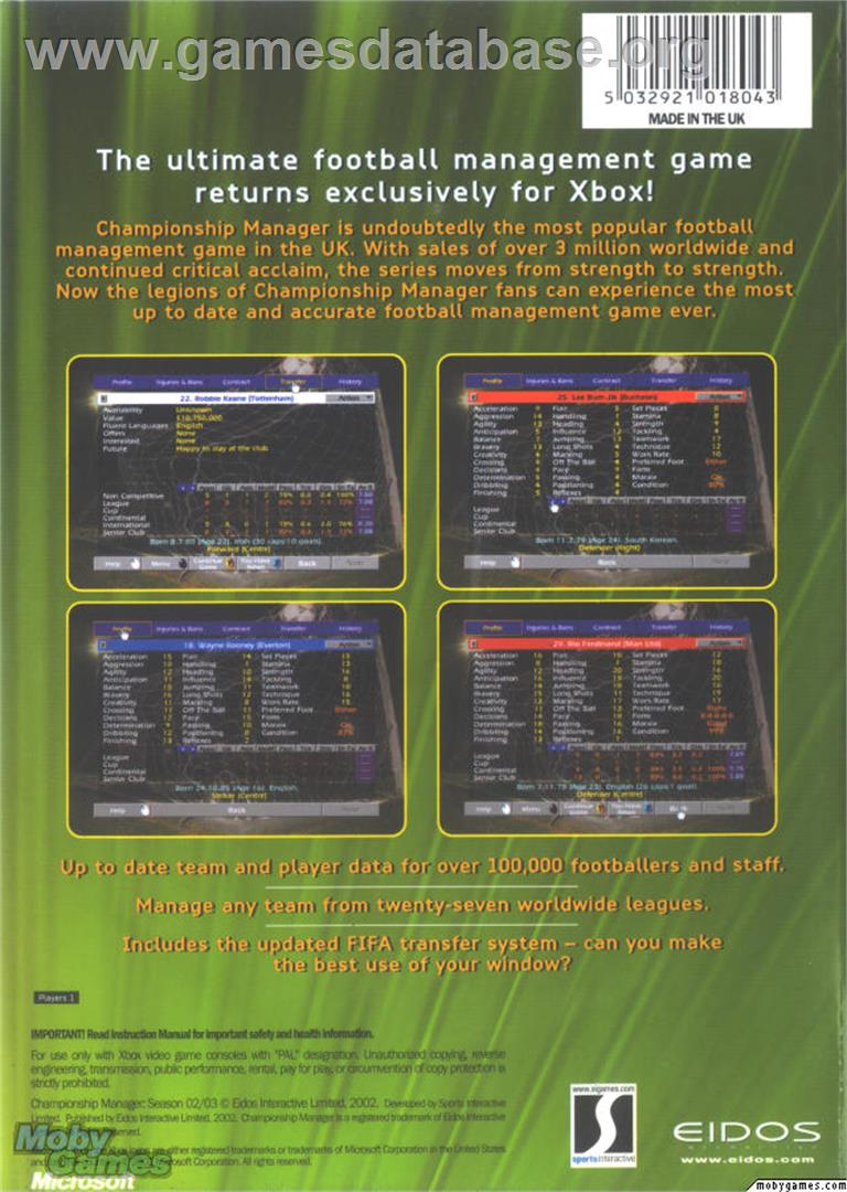 Championship Manager: Season 02/03 - Microsoft Xbox - Artwork - Box Back