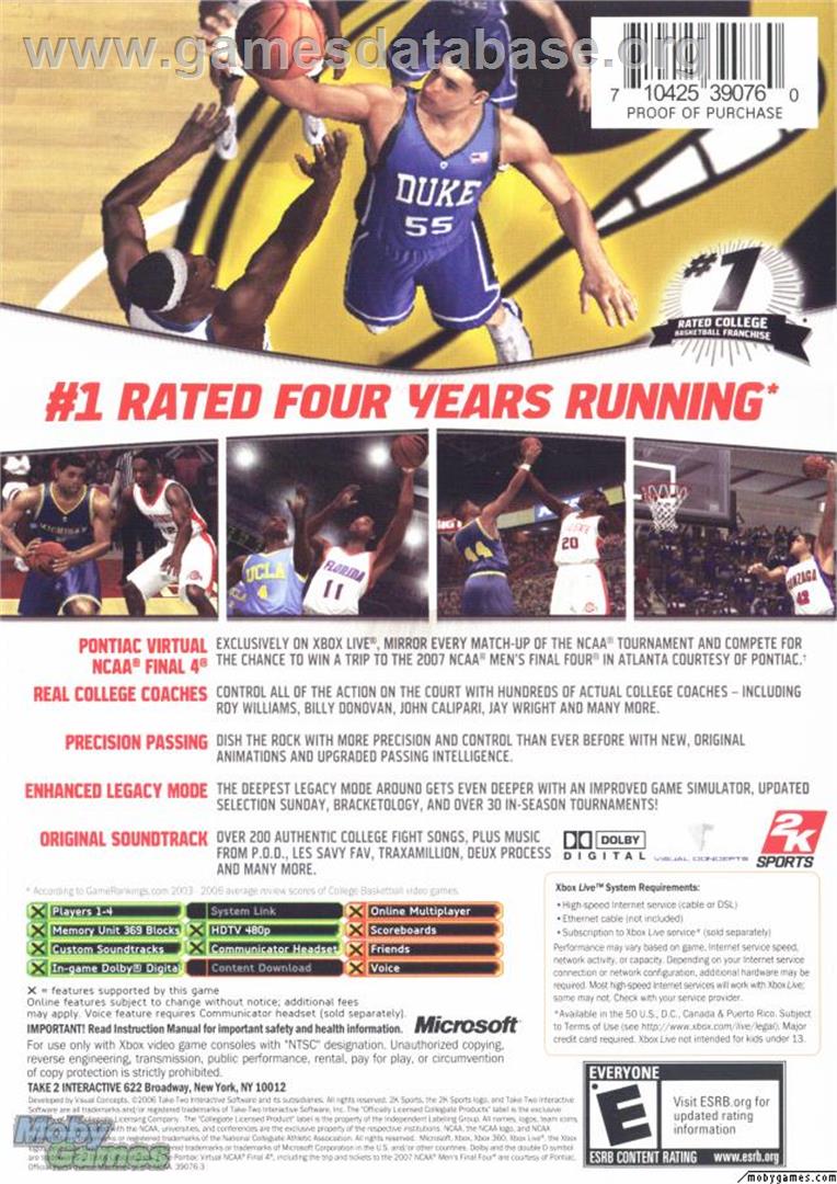 College Hoops NCAA 2K7 - Microsoft Xbox - Artwork - Box Back