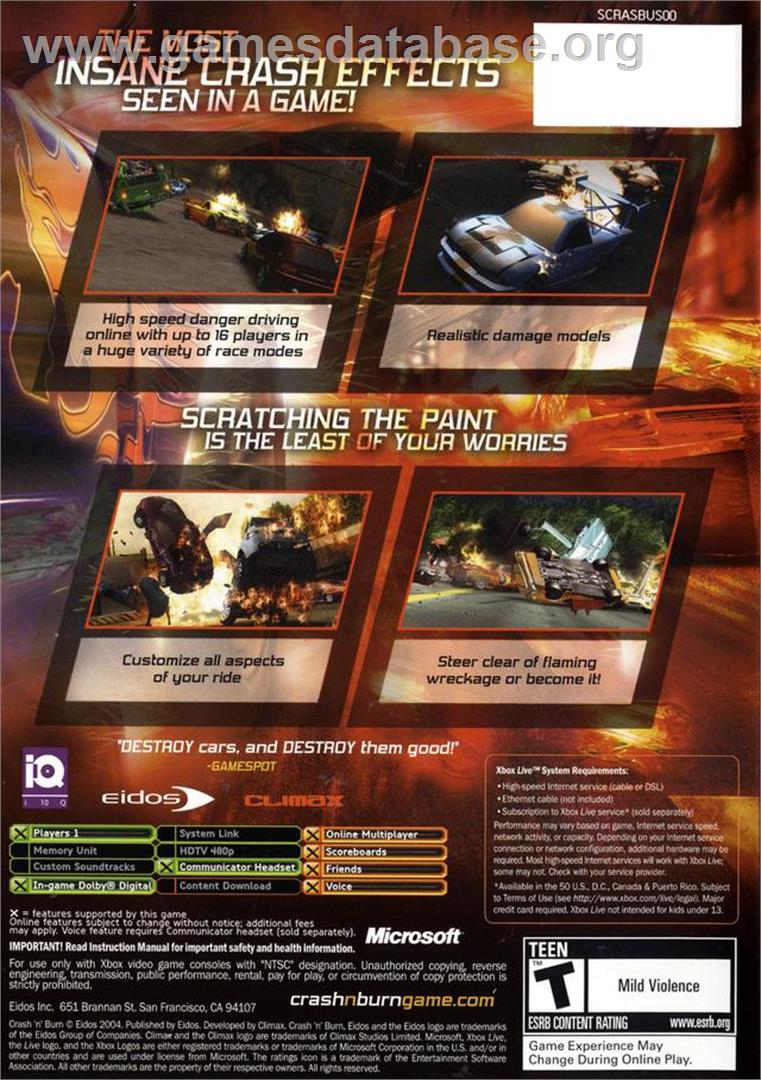 Crash 'n' Burn - Microsoft Xbox - Artwork - Box Back