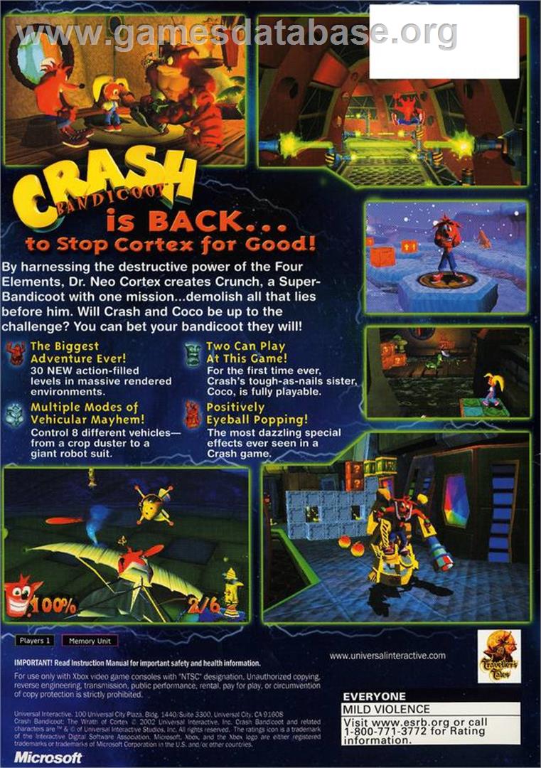 Crash Bandicoot - The Wrath Of Cortex - Microsoft Xbox - Artwork - Box Back