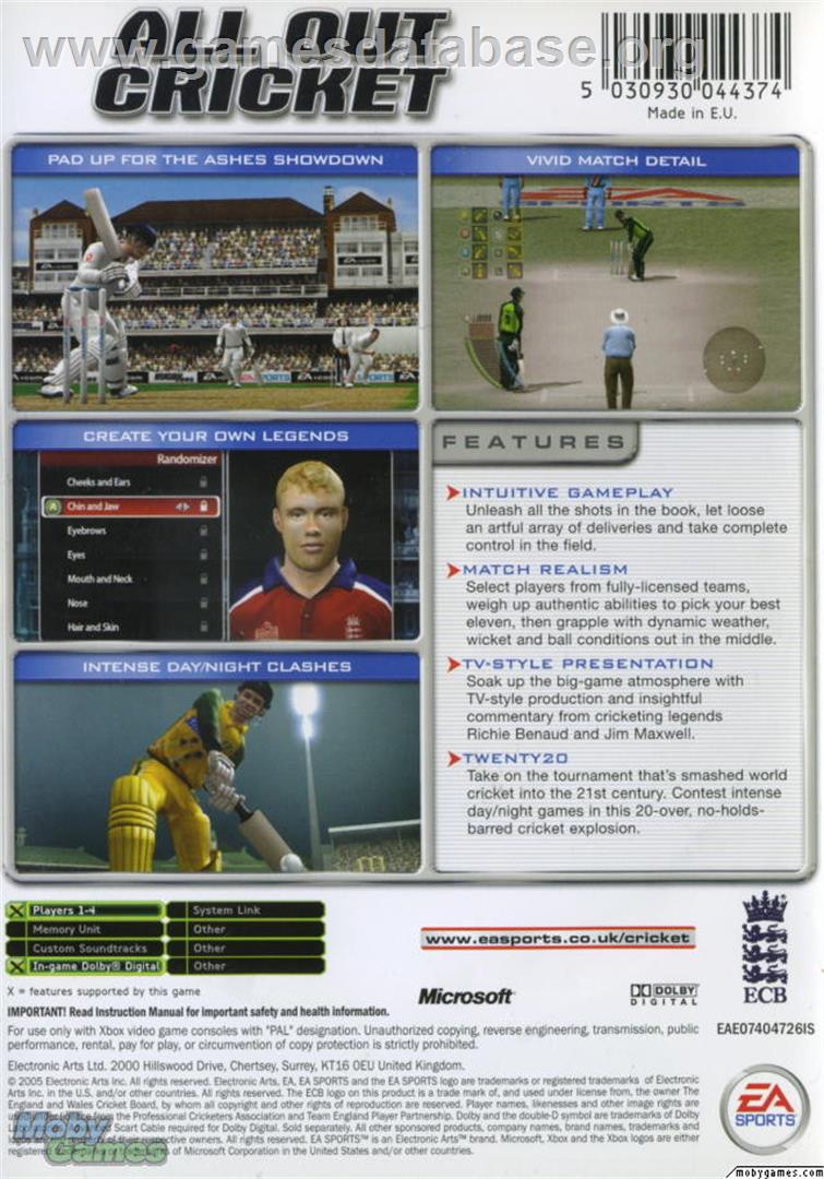 Cricket 2005 - Microsoft Xbox - Artwork - Box Back