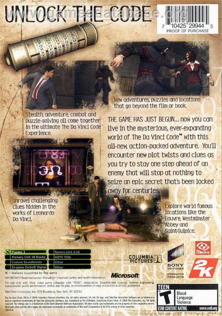 Da Vinci Code - Microsoft Xbox - Artwork - Box Back