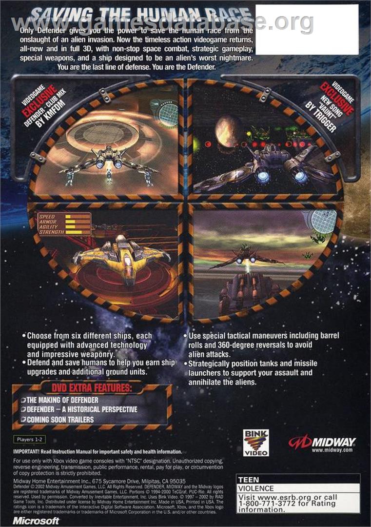 Defender - For All Mankind - Microsoft Xbox - Artwork - Box Back