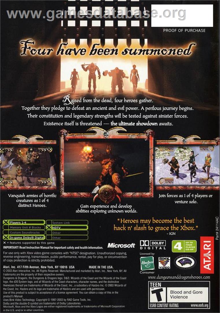 Dungeons And Dragons - Heroes - Microsoft Xbox - Artwork - Box Back