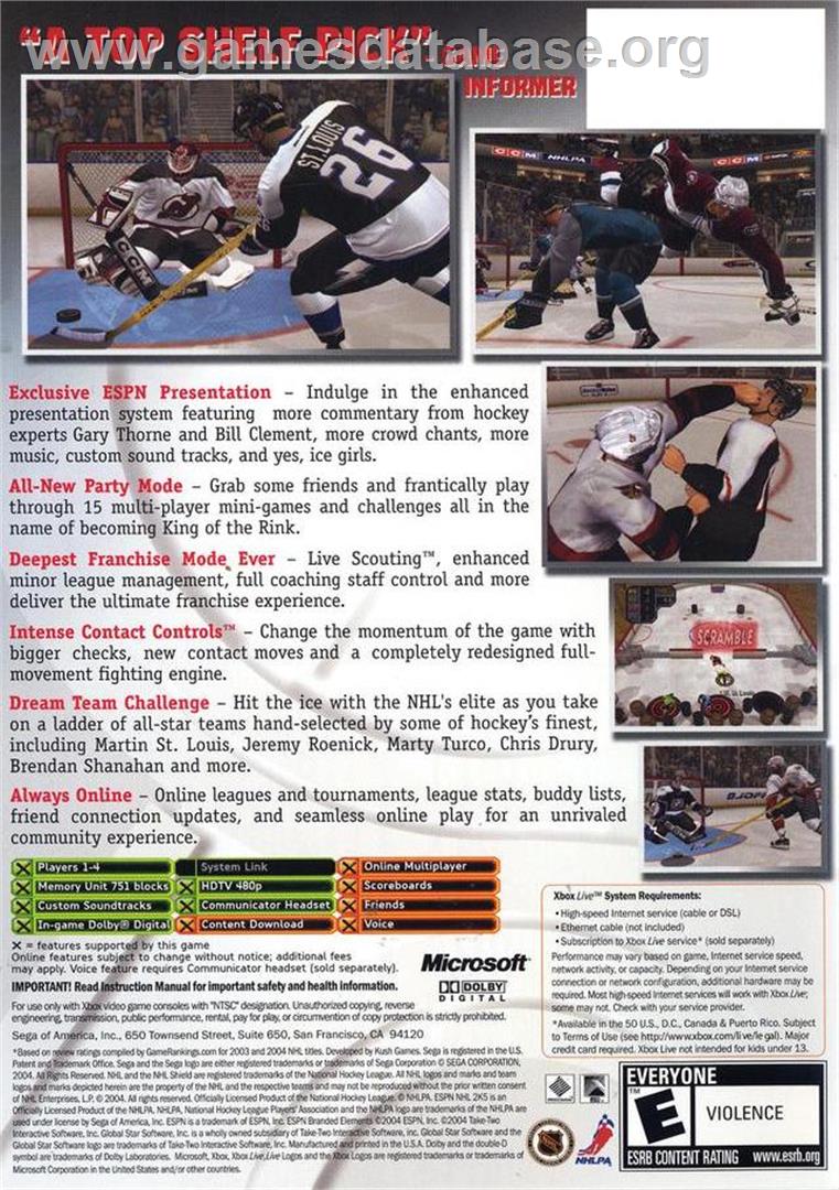 ESPN NHL 2K5 - Microsoft Xbox - Artwork - Box Back