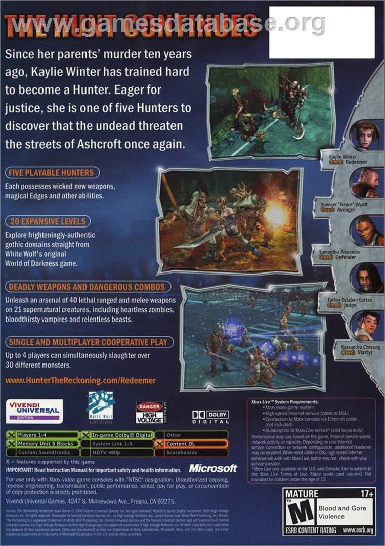 Hunter: The Reckoning - Redeemer - Microsoft Xbox - Artwork - Box Back
