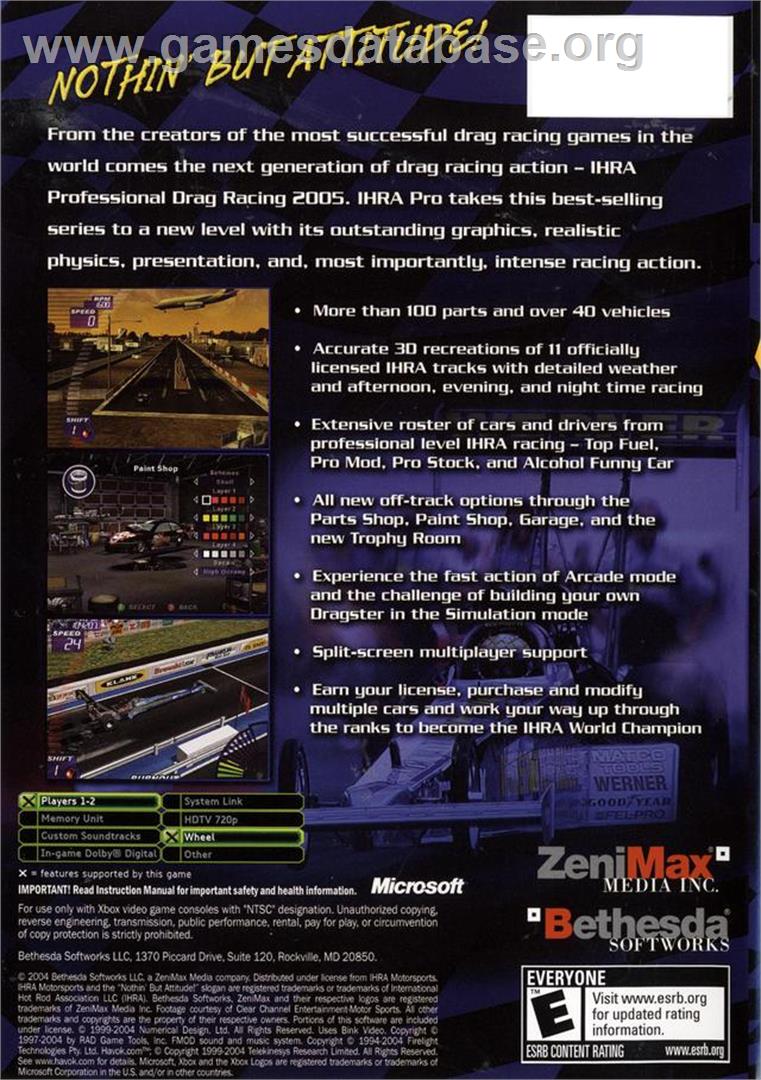 IHRA Professional Drag Racing 2005 - Microsoft Xbox - Artwork - Box Back