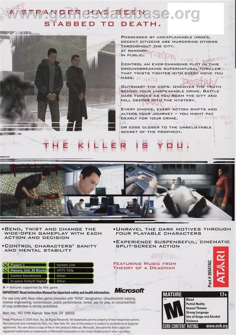 Indigo Prophecy - Microsoft Xbox - Artwork - Box Back