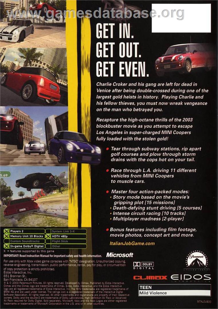 Italian Job - Microsoft Xbox - Artwork - Box Back
