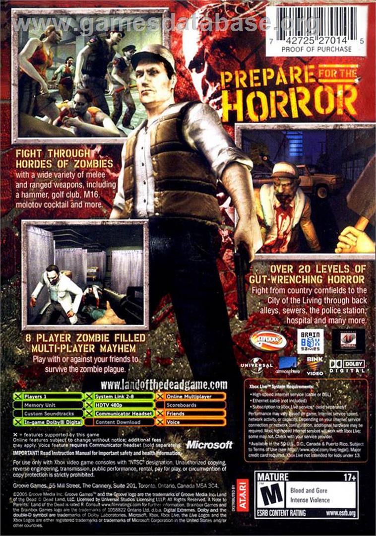 Land of the Dead: Road to Fiddler's Green - Microsoft Xbox - Artwork - Box Back
