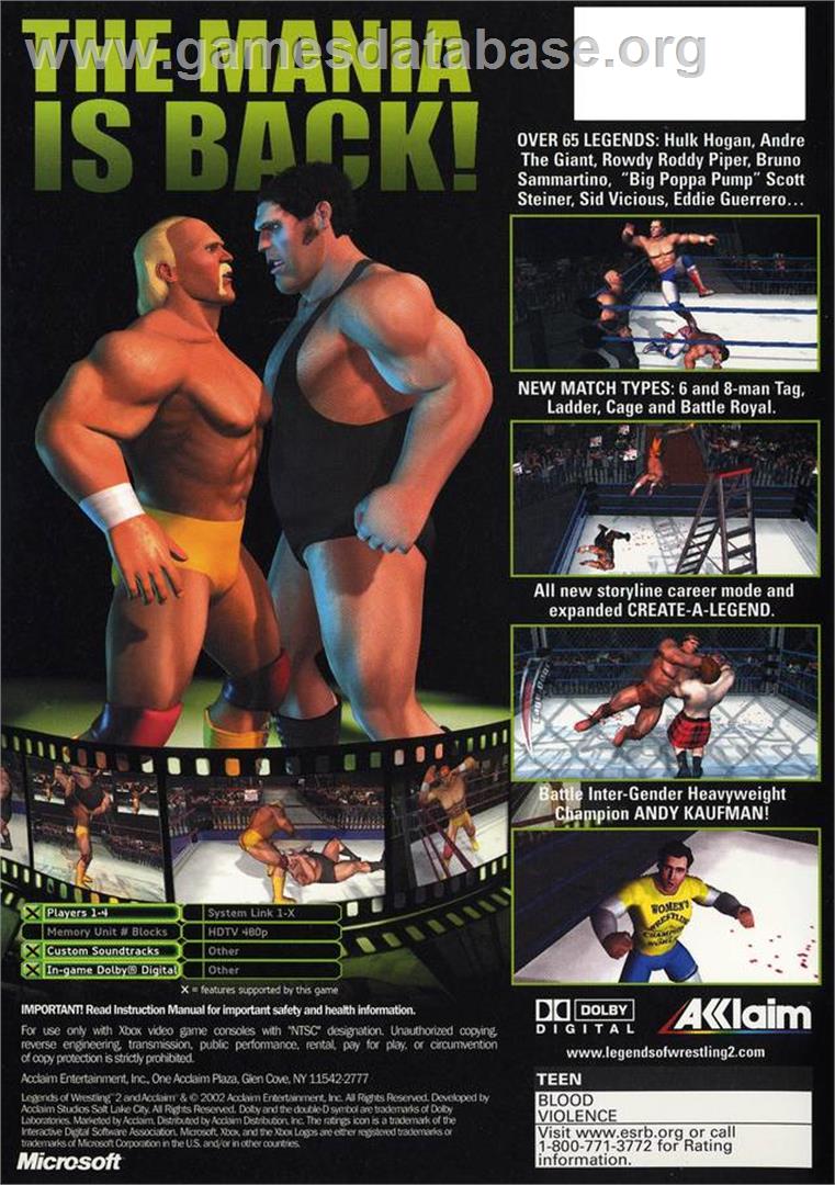Legends of Wrestling 2 - Microsoft Xbox - Artwork - Box Back
