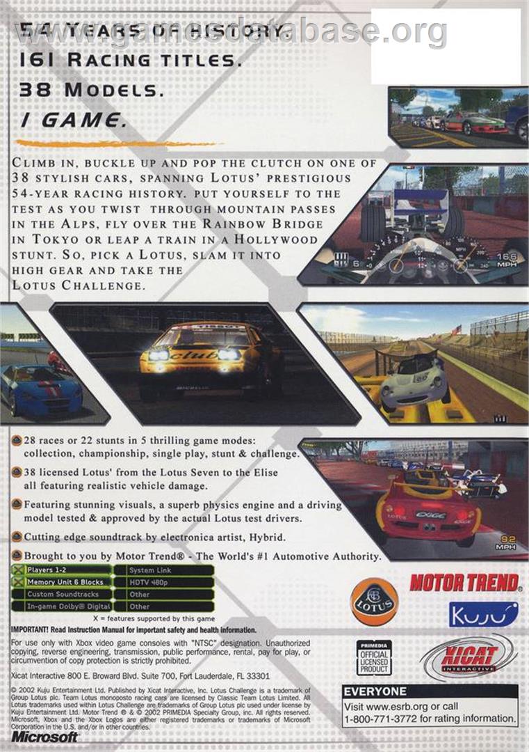 Lotus Challenge - Microsoft Xbox - Artwork - Box Back