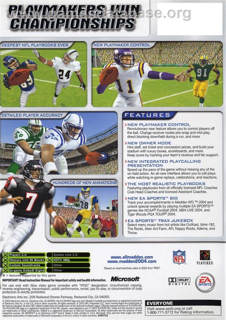 Madden NFL 2004 - Microsoft Xbox - Artwork - Box Back