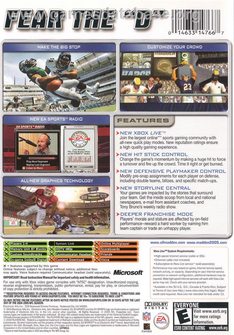 Madden NFL 2005 - Microsoft Xbox - Artwork - Box Back