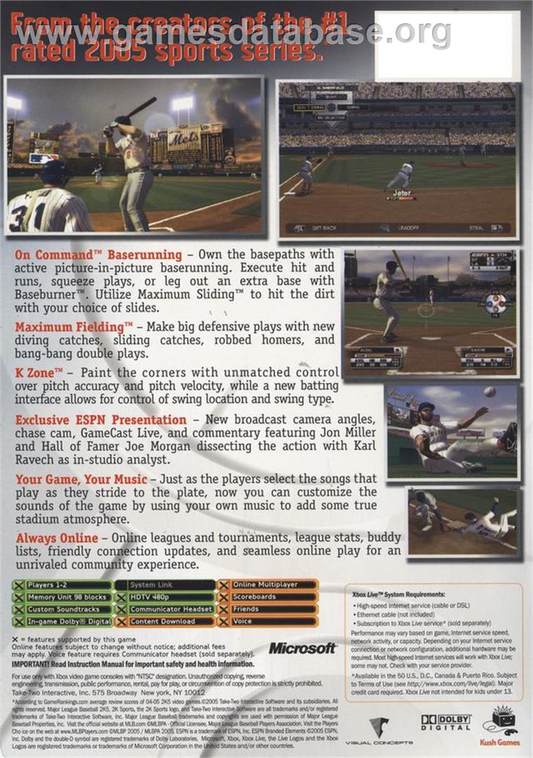 Major League Baseball 2K5 - Microsoft Xbox - Artwork - Box Back