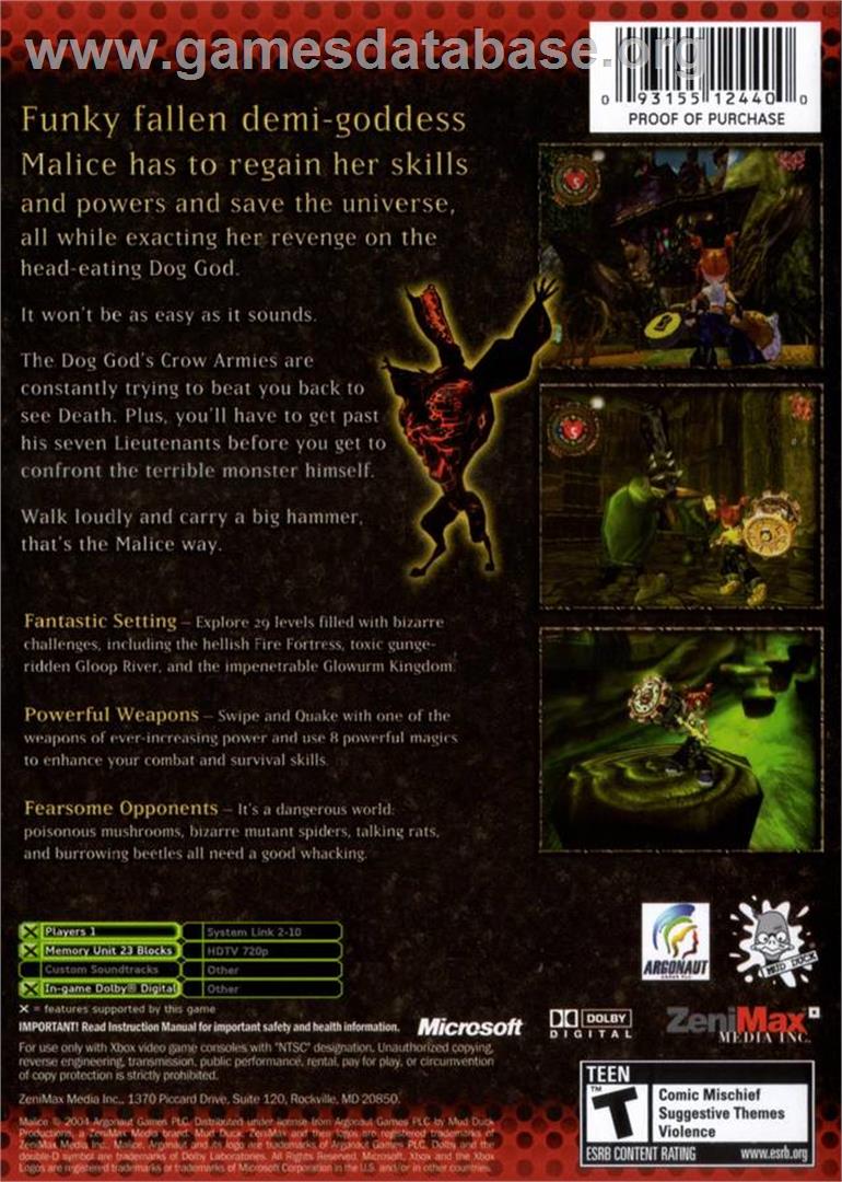 Malice - Microsoft Xbox - Artwork - Box Back