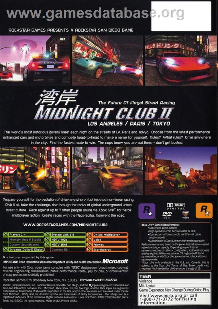 Midnight Club 2 - Microsoft Xbox - Artwork - Box Back