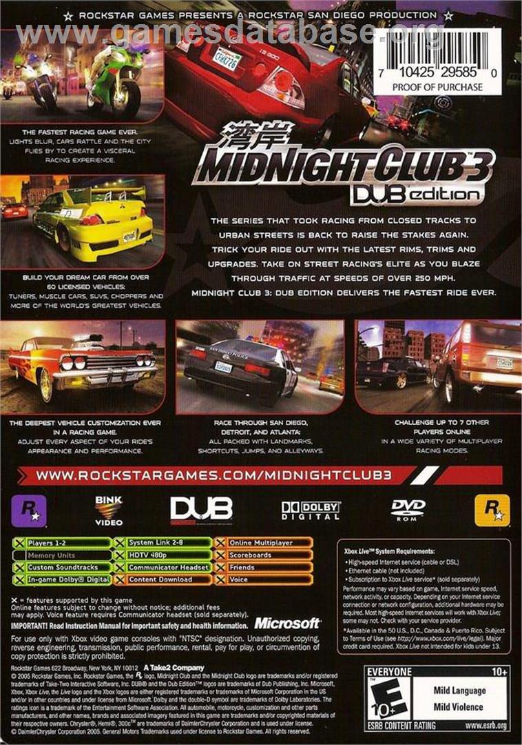 Midnight Club 3 - Dub Edition - Microsoft Xbox - Artwork - Box Back