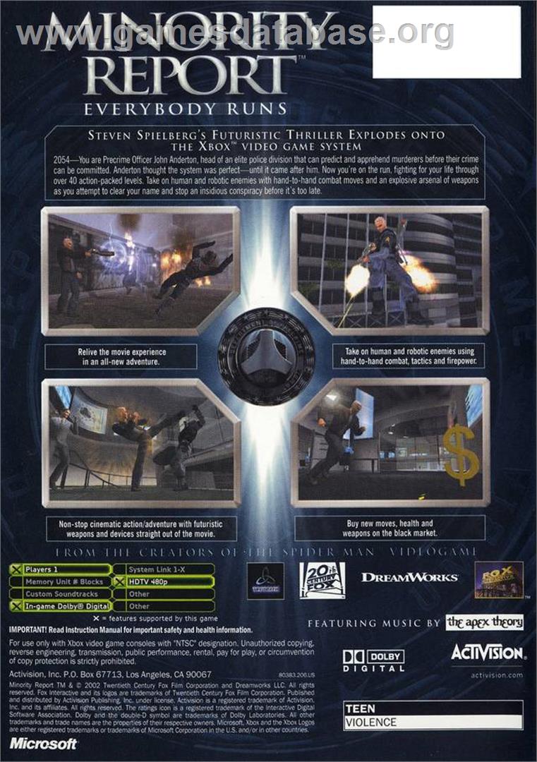 Minority Report: Everybody Runs - Microsoft Xbox - Artwork - Box Back